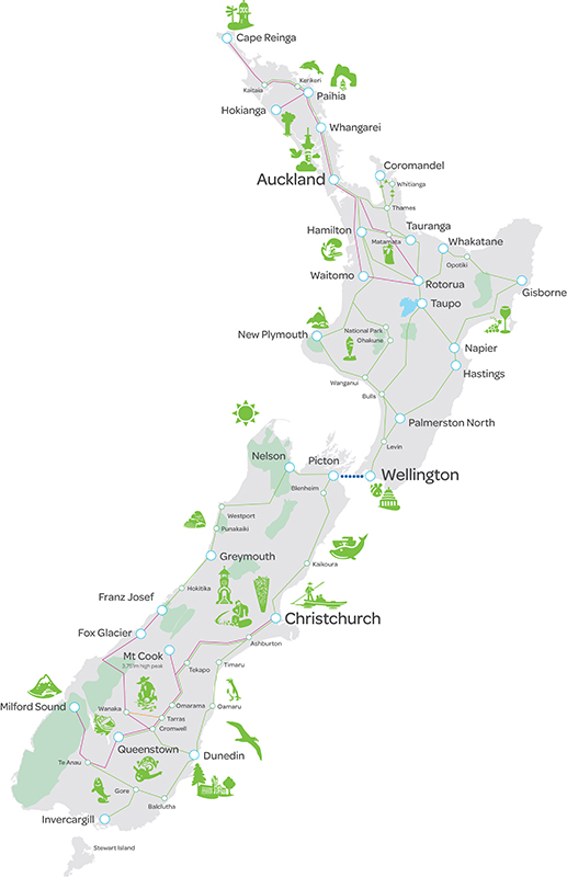 Intercity bus road map main stops New Zealand