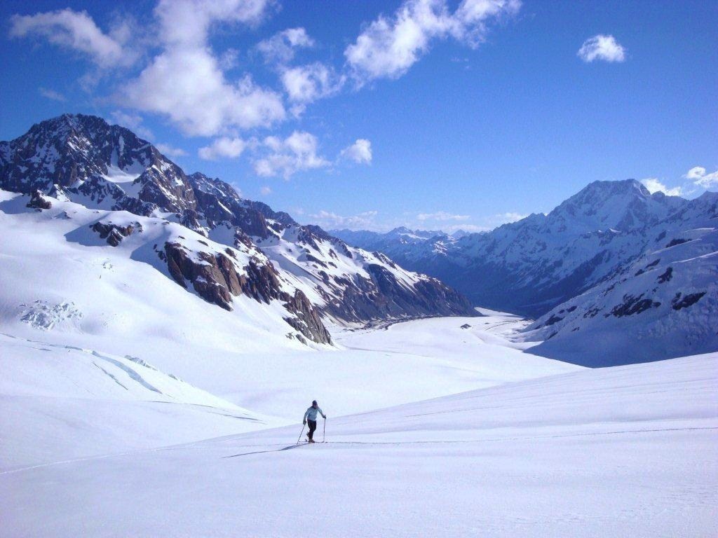 New Zealand Anns Glacier - Lower Tasman Glacier below - Mt Cook on ridge